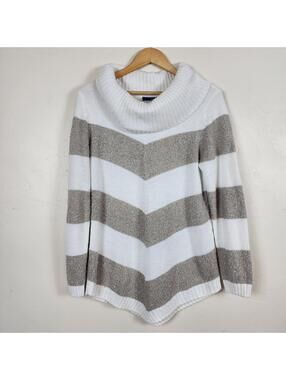 Apt 9 Cowl Neck Chevron Sweater M White Gray Soft Cozy Tunic Knit Hygee Cozycore